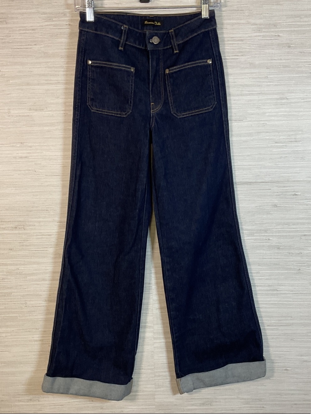 Massimo Dutti High Waist Patch Pocket Wide Leg Cuffed Dark Blue Trouser Jeans 2